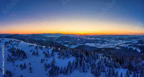 Wonderful landscapes of the Carpathian mountains covered with the first snow in Ukraine near the village of Pylypets