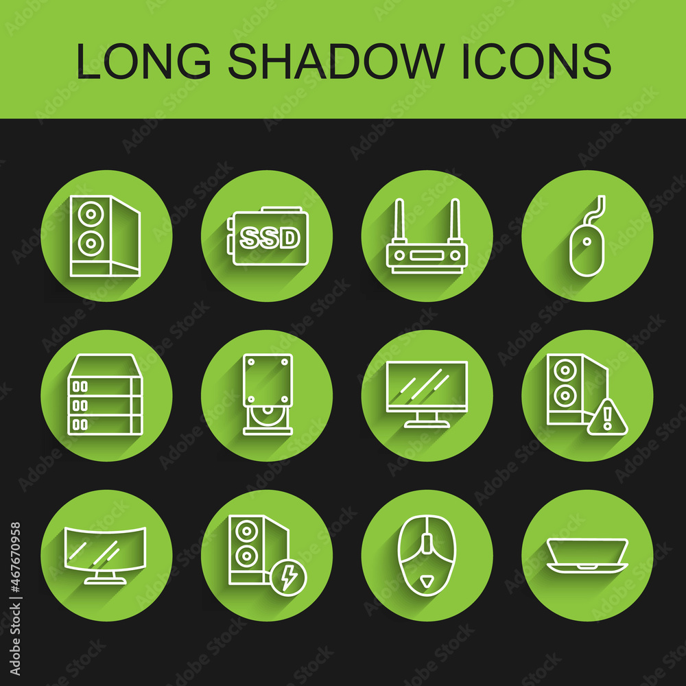 Set line Computer monitor screen, Case of computer, mouse, Laptop, Optical disc drive, and icon. Vector Set line Computer monitor screen, Case of computer, mouse, Laptop, Optical disc drive, and icon. Vector