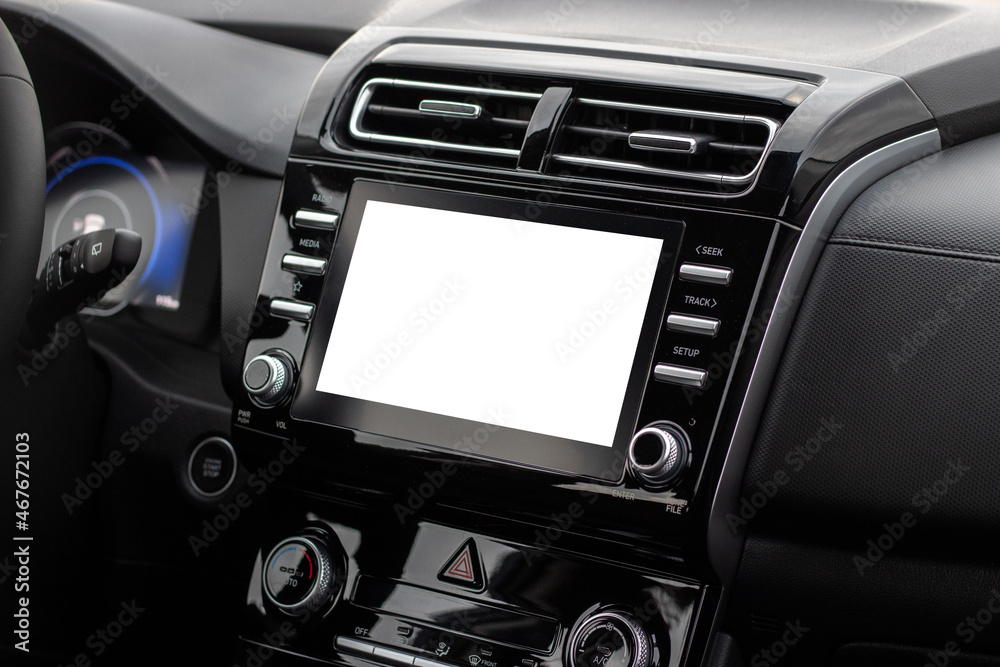 The interior of the car. Car-mounted tablet with mockup The interior of the car. Car-mounted tablet with mockup