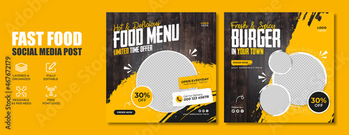 Fast food restaurant business marketing social media post or web banner template design with abstract background, logo and icon. Fresh pizza, burger & pasta online sale promotion flyer or poster.     photo