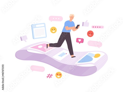 Social network addiction, man running on endless notification line. Feedback addicted character scrolls internet pages, flat vector concept