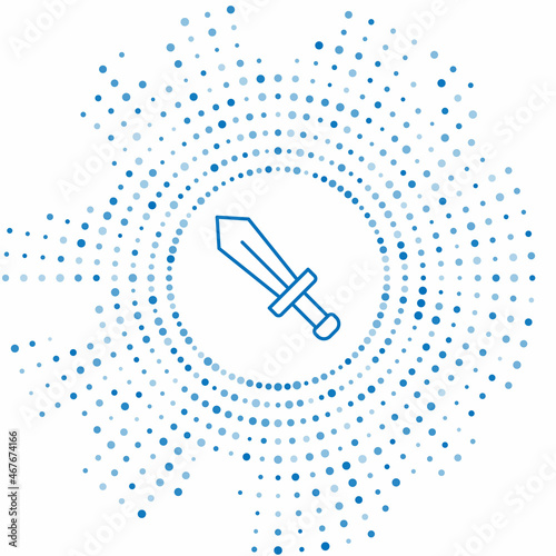 Blue line Sword for game icon isolated on white background. Abstract circle random dots. Vector