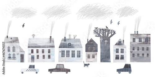 Fototapeta Zima w mieście. Śliczne akwarelowe domy, samochody, drzewa i chmury. Zima.