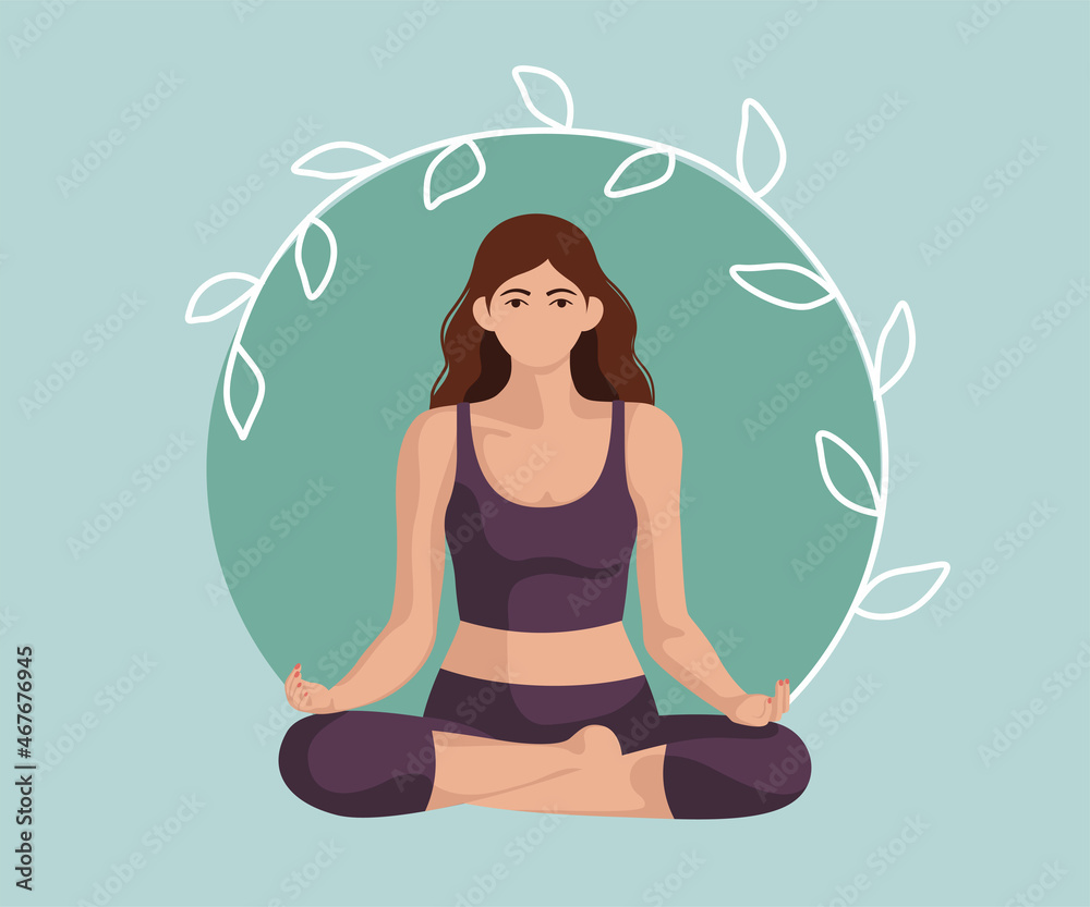 Woman meditating. Concept illustration for yoga, meditation, relax, recreation, healthy lifestyle. Vector illustration in flat  style