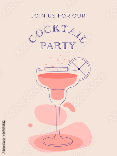 Cocktail glass icon invitation illustration, flat minimalistic design. Invitation for cocktail party