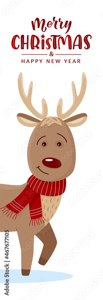 Cute red nose reindeer design with red scarf. Funny seasonal character for Christmas banner, poster. Merry Christmas lettering sign. Vertical vector illustration Cute red nose reindeer design with red scarf. Funny seasonal character for Christmas banner, poster. Merry Christmas lettering sign. Vertical vector illustration