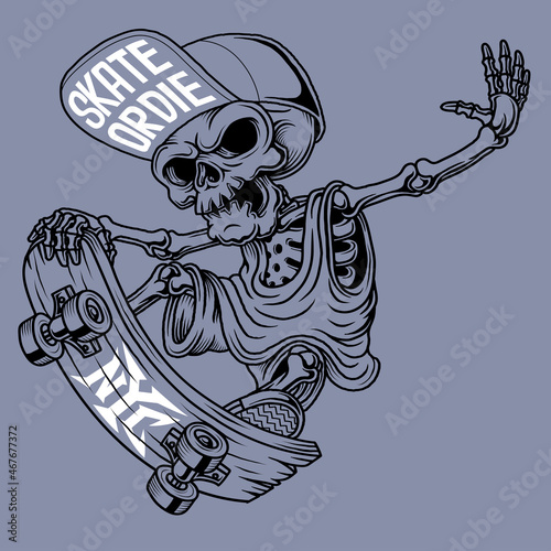 Skater skull Illustration. Hand drawn