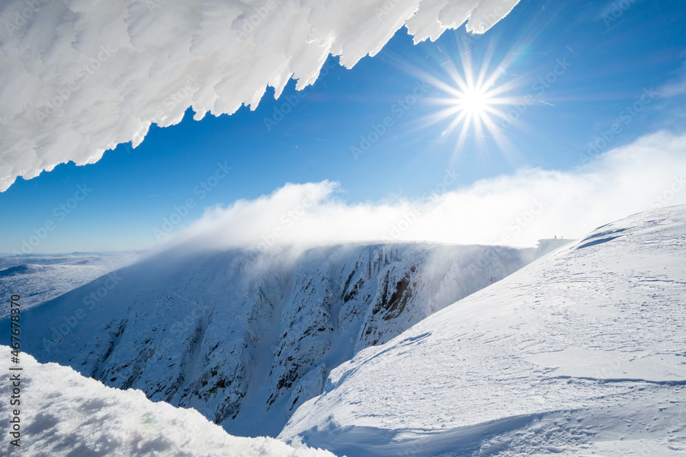amazing winter landscape in Giant mountains with view on sniezne kotly valley