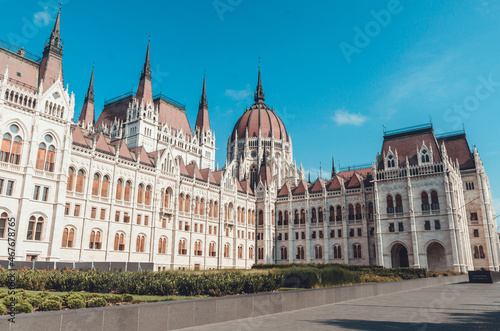 Hungarian Parliament building in Budapest at the daylight. Gothic architecture exterior. Tourist destination. 