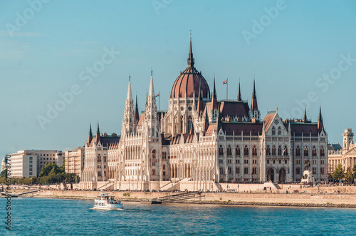 Hungarian Parliament building in Budapest at the daylight. Gothic architecture exterior. Tourist destination. Danube river bank
