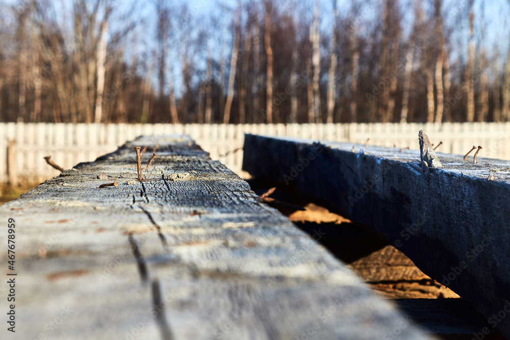 Rusty nails sticking out of logs lying in the open air.
