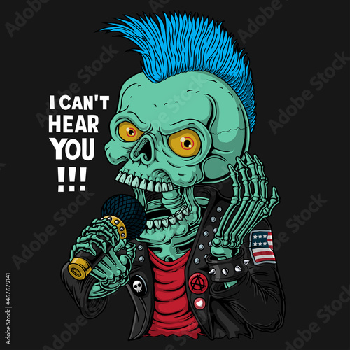 Punk skull Illustration. Hand drawn