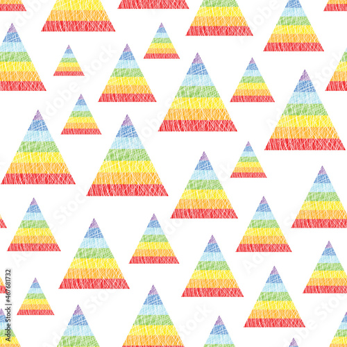 Abstract rainbow geometric seamless background pattern with triangles. Pyramids wallpaper design