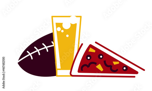 Fans food concept. Rugby, beer and pizza line art icon. Sport show meal. Vector illustration