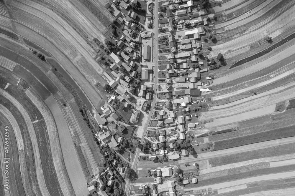 Village, amazing in Poland from a bird's eye view from a drone. Sułoszowa - the longest village from the drone.