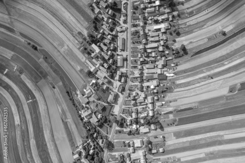Obraz na płótnie Village, amazing in Poland from a bird's eye view from a drone. Sułoszowa - the longest village from the drone. w salonie