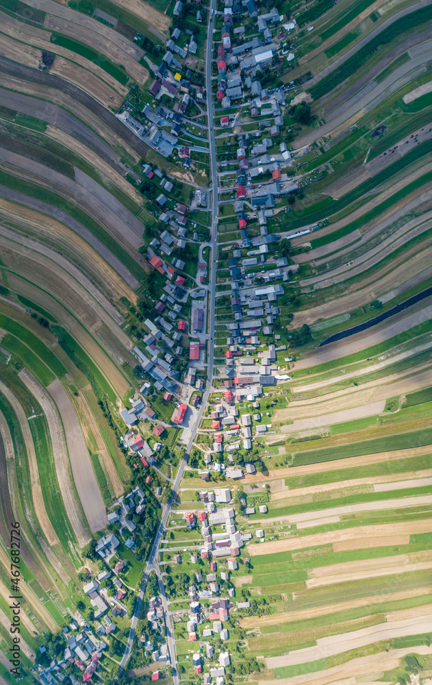 Village, amazing in Poland from a bird's eye view from a drone. Sułoszowa - the longest village from the drone.