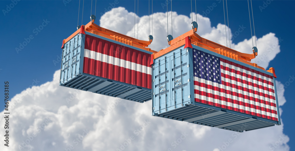 Freight containers with USA and Latvia national flags. 3D Rendering 