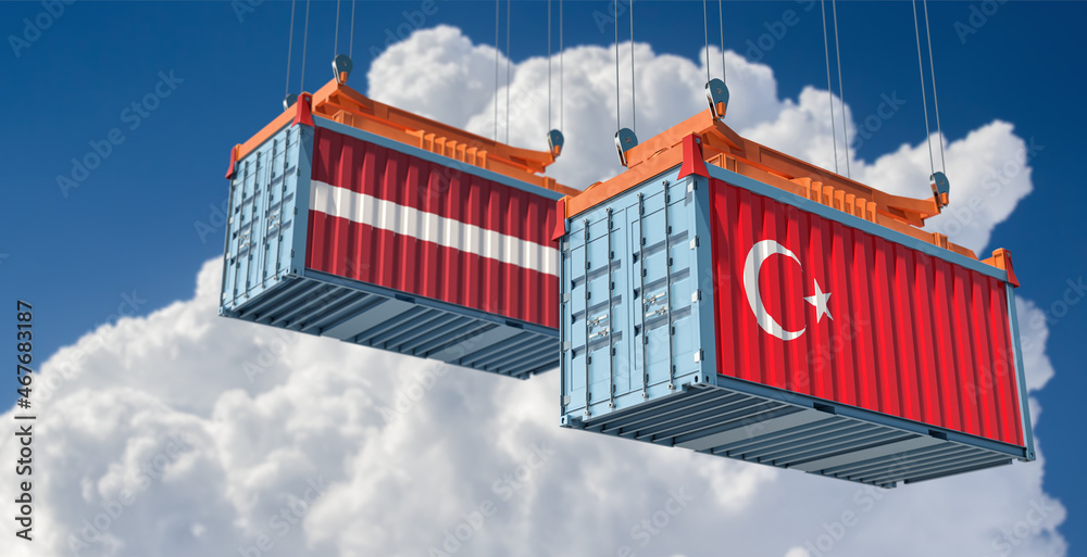 Freight containers with Turkey and Latvia national flags. 3D Rendering 