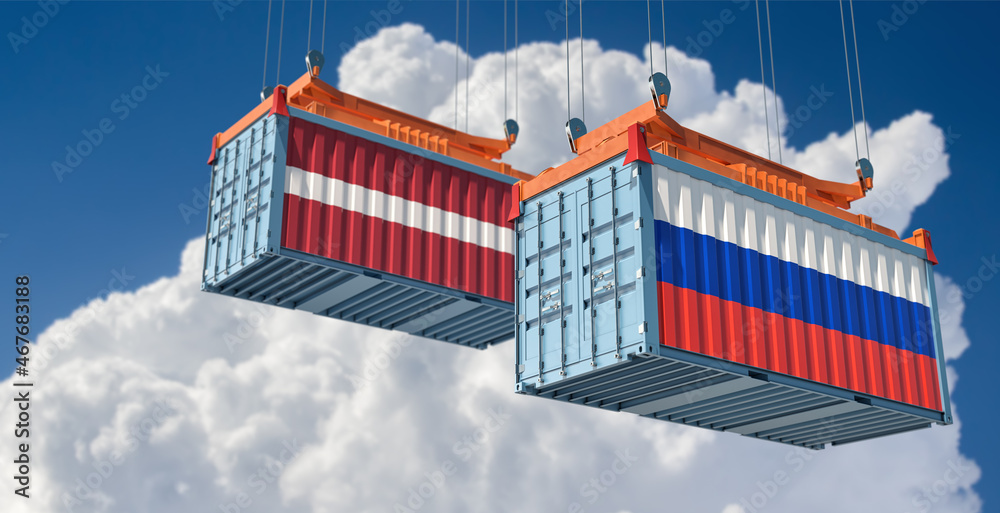 Freight containers with Russia and Latvia national flags. 3D Rendering 
