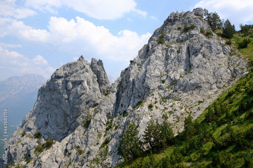 Beautiful mountain views on trail from Theth Valley to Valbona Valley in Albanian Alps. It is one of the most beautiful high mountain trails.