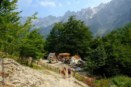 Coffeehouse on trail from Theth Valley to Valbona Valley in Albanian Alps. It is one of the most beautiful high mountain trails.