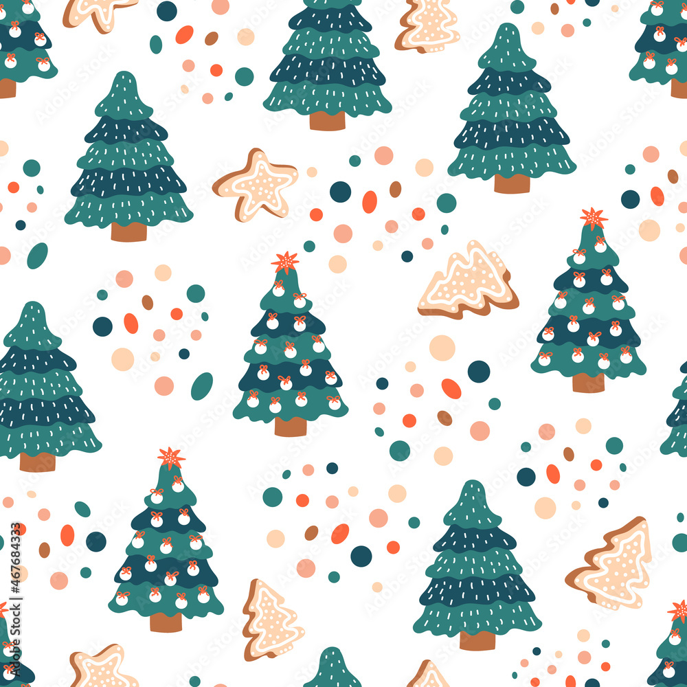 Christmas pattern. Vector background with spruce, gingerbread and confetti. Ideal for design of fabric, cards, wrapping paper for Happy New year