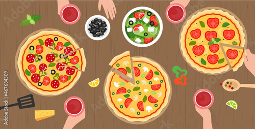 Friends or family eating pizza together and drinking wine, vector illustration. Wooden table with various kinds of pizzas, top view