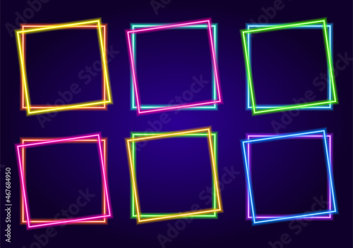 Neon frame set. a collection of square-shaped neon templates, a double contour of different colors, blue, purple, pink, yellow and green, a sign with a place for text inside glows on a dark one