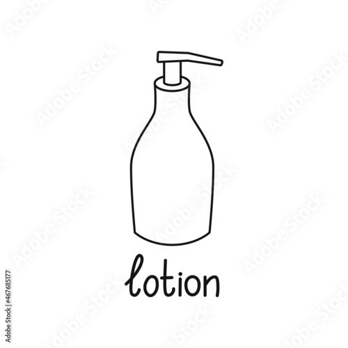 Linear lotion icon with text. Contour symbol for cosmetics, design website. Vector isolated illustration.