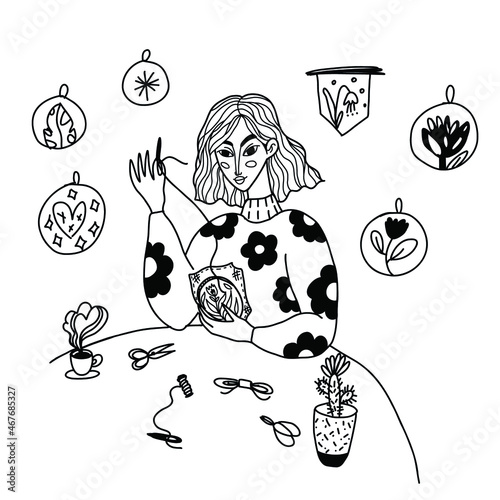A girl is embroidering a flower, sitting at a table with embroidery tools. On the table are thread scissors, floss threads, a cactus in a pot, hot coffee in a cup. Vector illustration on white backgro