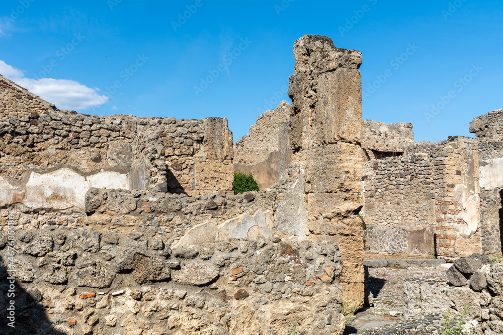 Ruins of Houses in the ancient city of Pompeii, which was destroyed after a Vulcano outbreak in 79 CE