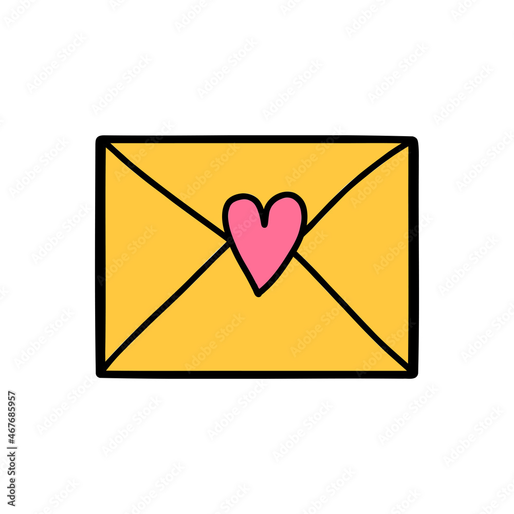 Cute doodle letter, envelope, card with heart. Hand drawn vector illustration.
