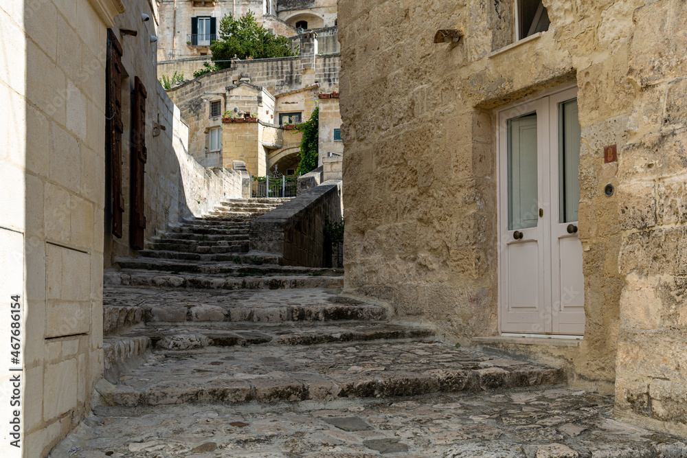 Obraz premium Historic structures and Houses in the ancient city center of Matera in the Basilicata Region of Italy. Matera was the European Capital of Culture in 2019. 