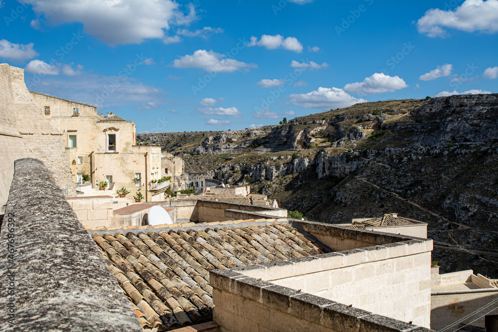 View of the surrounding hills of the ancient city of Matera in the Basilicata Region of Italy. Matera was the European Capital of Culture in 2019. 