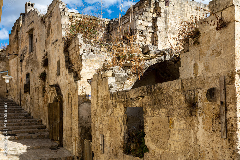 Ruins of historic housing structures in the ancient city of Matera in Southern Italy