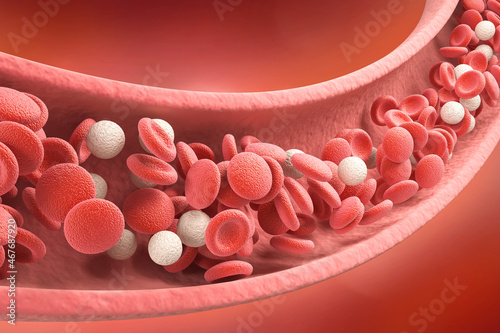 3d illustration of the Blood vessel with flowing Human blood cells. photo