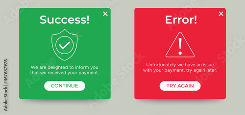 Payment message popup window ui design with button for mobile and web. Vector EPS