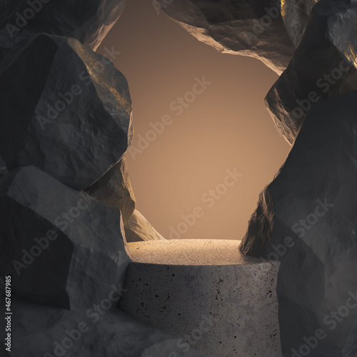 Black geometric Stone and Rock shape background, minimalist mockup for podium display or showcase, 3d rendering. photo