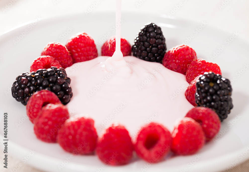 fresh raspberries and blackberries laid out on a white plate in circle with yogurt fresh raspberries and blackberries laid out on a white plate in circle with yogurt