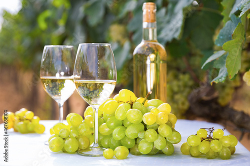 still life with glass of White wine grapes on table in field