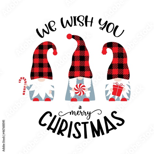 Vector card We wish you a Merry Christmas with cute buffalo plaid Gnomes isolated on white background. Winter Xmas farmhouse design for home decoration, door, porch sign, pillow case.