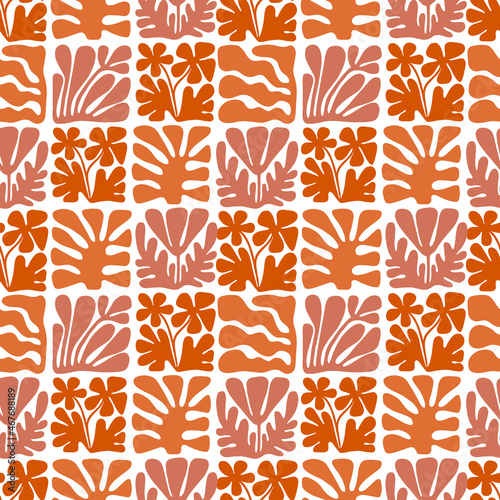 Modern geometric shapes seamless patterns. Abstract floral tiles. Terracotta, pink and orange vector illustration.