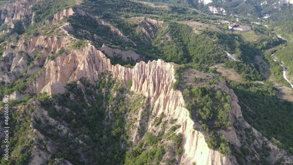 Aerial sunset view of Rozhen sand pyramids, Blagoevgrad region, Bulgaria Aerial sunset view of Rozhen sand pyramids, Blagoevgrad region, Bulgaria