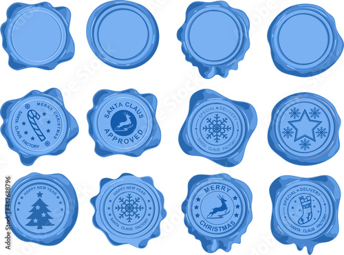 Santa s official mail blue wax seal isolated on white background. Special delivery from the North Pole, made in Santa s workshop Christmas vintage rubber stamps, labels, badges set.vector illustration