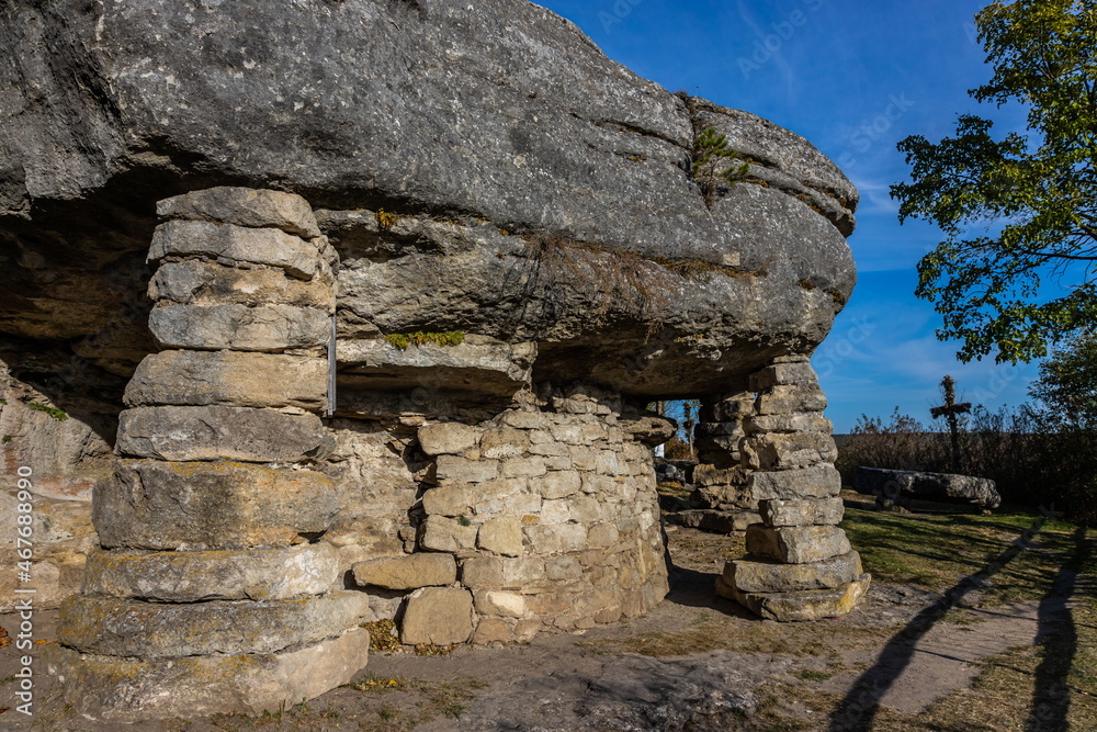 Cave-temple of pre-Christian time Pagan IX century in the village of Monastyrok in Ukraine Cave-temple of pre-Christian time Pagan IX century in the village of Monastyrok in Ukraine