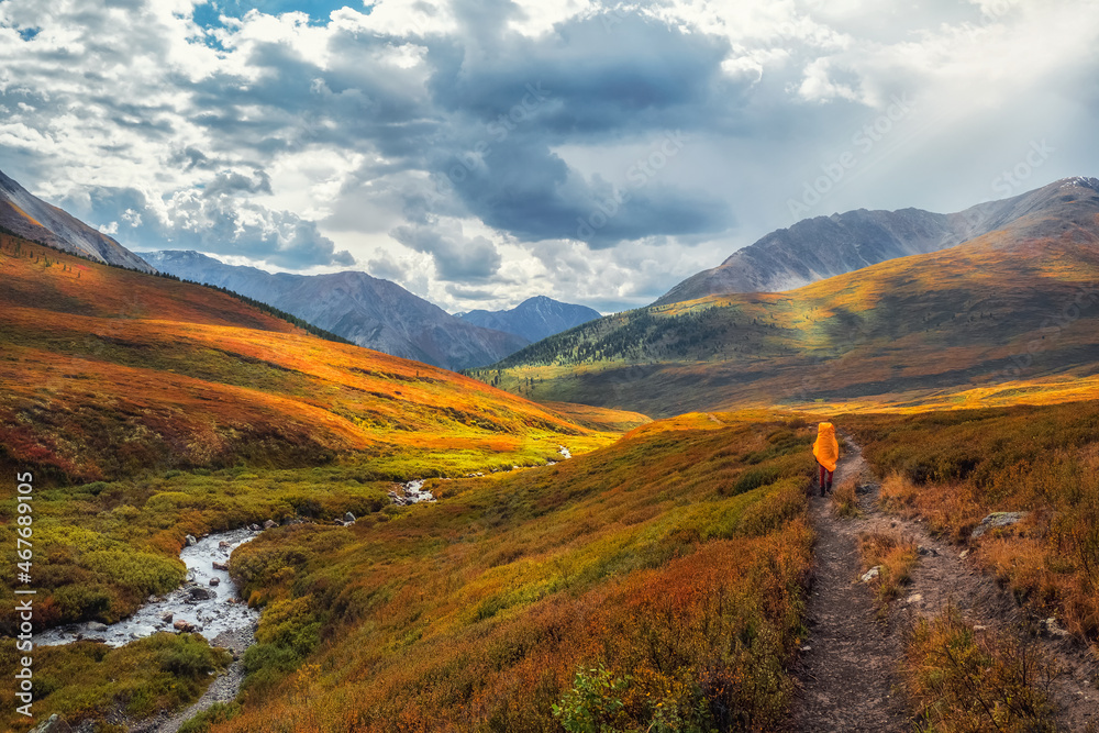 Solo traveler in a yellow raincoat on the trail.Panoramic colorful landscape with footpath along water streams in valley in autumn colors with view to autumn mountains and rocks in golden sunshine.