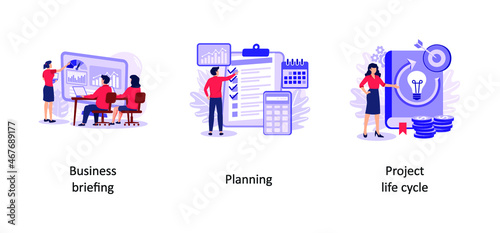 Business Briefing, Planning, Project life cycle.Project management abstract concept vector illustration set.