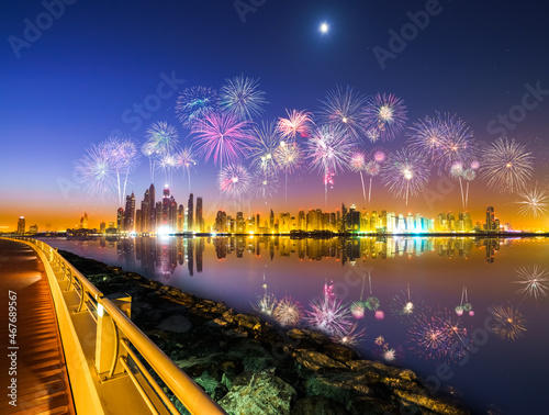 Photography New Year fireworks display near Dubai marina, UAE