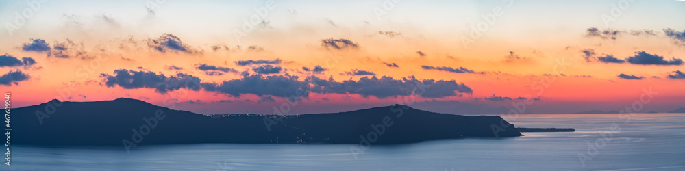 Nea Kameni island at sunset near Santorini. Greece 